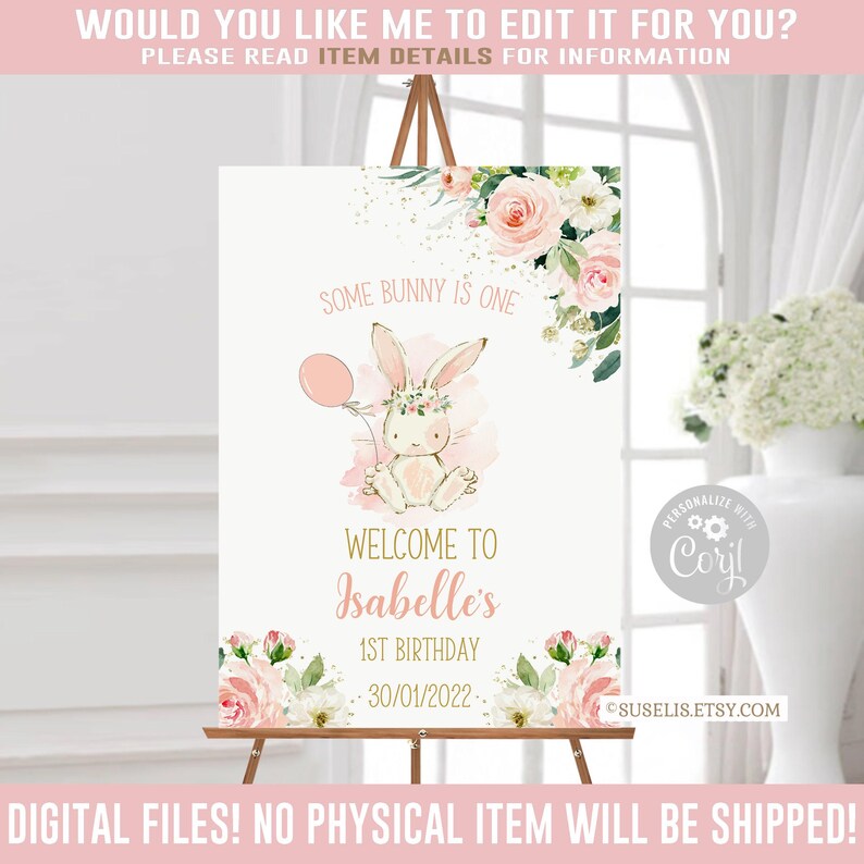 Editable Welcome Sign Watercolor Bunny Birthday Party Template 10-148 zdjęcie 1