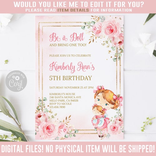 Editable Baby Doll Birthday Invitation Dolly &amp; Me Party - Etsy