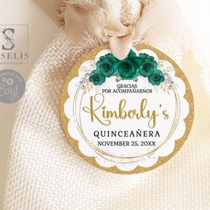 Editable Template Quinceanera Scalloped Tag, Thank You, Emerald Gift Favor Tag, Mis Quince 15th Birthday, Printable, Instant Download, QU166