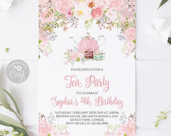 May include: A rectangular invitation card featuring a pink floral border with roses and greenery. The center displays a pink teapot and text reading: Please join us for a Tea Party to celebrate Sophia's 4th Birthday, Saturday, February 20th 2019 at 2:00PM, Browns House, 246 Santa Monica Ave, Menlo Park, CA94026, RSVP: Nicole at 123.456.7890.