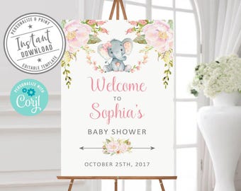 Puede incluir: Un letrero de bienvenida para baby shower con una ilustración en acuarela de un elefante gris con un lazo rosa, rodeado de flores rosas y vegetación. El texto dice Welcome to Sophia's BABY SHOWER OCTOBER 25TH, 2017 con un divisor floral.