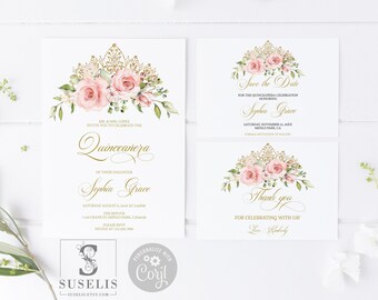 EDITABLE Template Invitation Suite, Save the Date, Thank You, Bundle, Blush Flowers, Quinceanera, Sweet 16, Printable Instant Download QU021