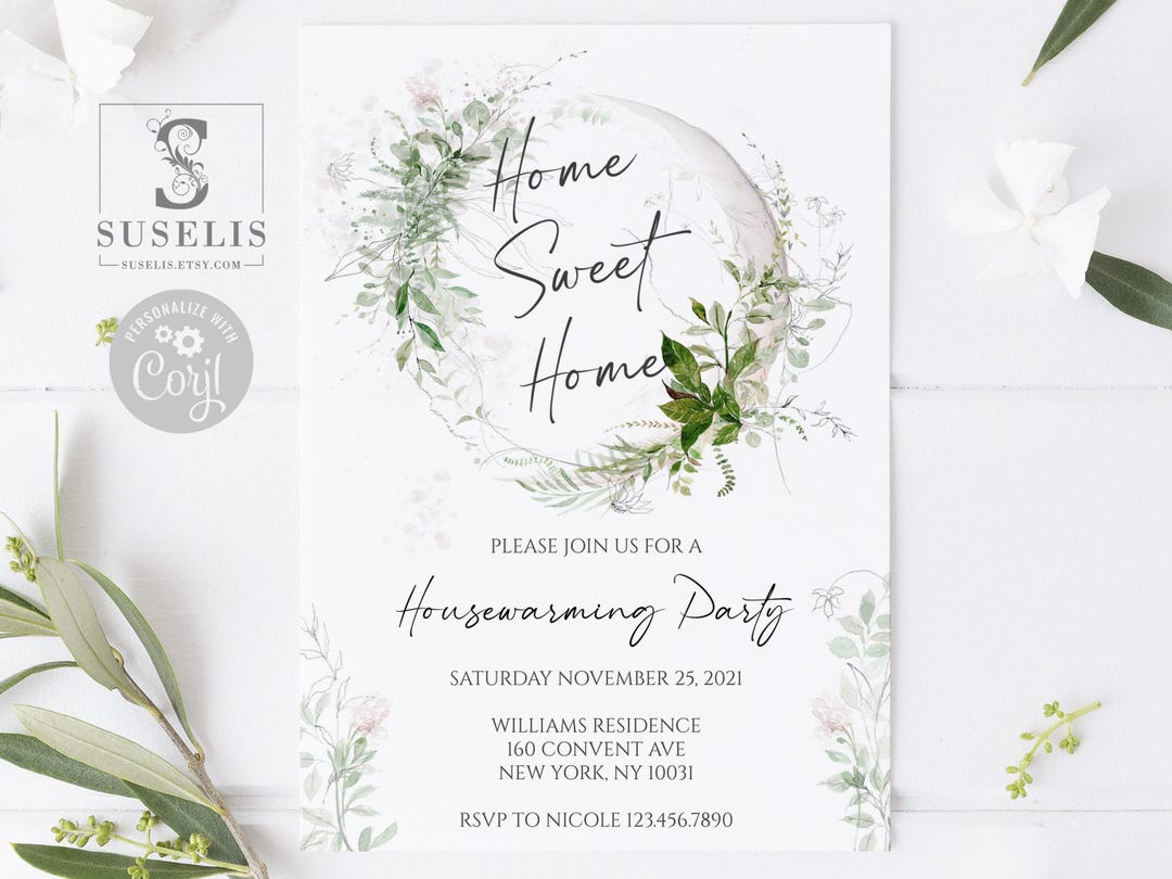 EDITABLE TEMPLATE Greenery House Warming Party Invitation, Eucalyptus ...