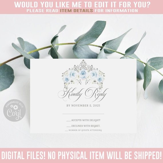 Editable RSVP Card, Kindly Reply, Blue Silver Flowers Butterfly, Mis Quince Anos, 15th Birthday, Corjl Template, Instant Download QU091