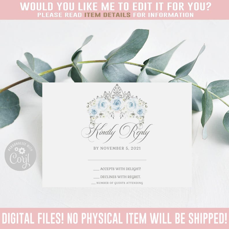 Editable RSVP Card, Kindly Reply, Blue Silver Flowers Butterfly, Mis Quince Anos, 15th Birthday, Corjl Template, Instant Download QU091 image 1