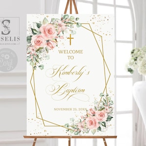 EDITABLE Template Baptism Welcome Sign, Girl Blush Pink Flowers, Signage, Welcome Poster, Printable, Instant Download, Digital, SU022