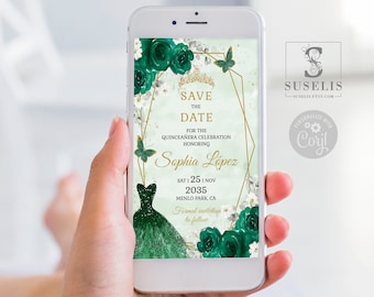 Editable Save the Date Template, Emerald Flowers, Text Invite, Quinceañera, Sweet 16, Evite, SMS Email, Printable Instant download, QU054