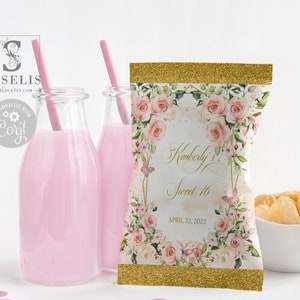 EDITABLE Template Sweet 16 Chip Bag Wrapper, Gold Blush Pink Flowers, Candy Bag Any Event Party Favors, Printable, Instant Download, SW16017