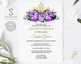 EDITABLE Quinceanera Invitation Template, Purple Lilac Flowers, Butterfly, Mis Quince, Sweet Sixteen, Printable, Instant Download, QU088