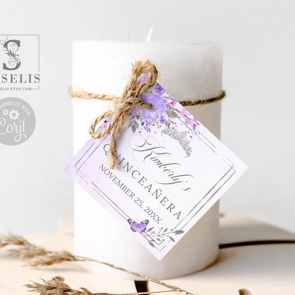 Editable Template Candle Tag, Quinceañera Favor, Purple Silver Flowers, Mis Quince, 15th 16th Birthday, Printable, Instant Download, SU010