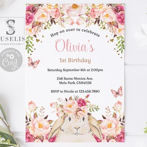 EDITABLE Template Some Bunny Birthday Invitation, Blush Pink Flowers, Rabbit, Party Invite, Instant Download, Printable, Digital, 10-001