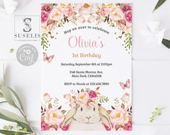 EDITABLE Template Some Bunny Birthday Invitation, Blush Pink Flowers, Rabbit, Party Invite, Instant Download, Printable, Digital, 10-001