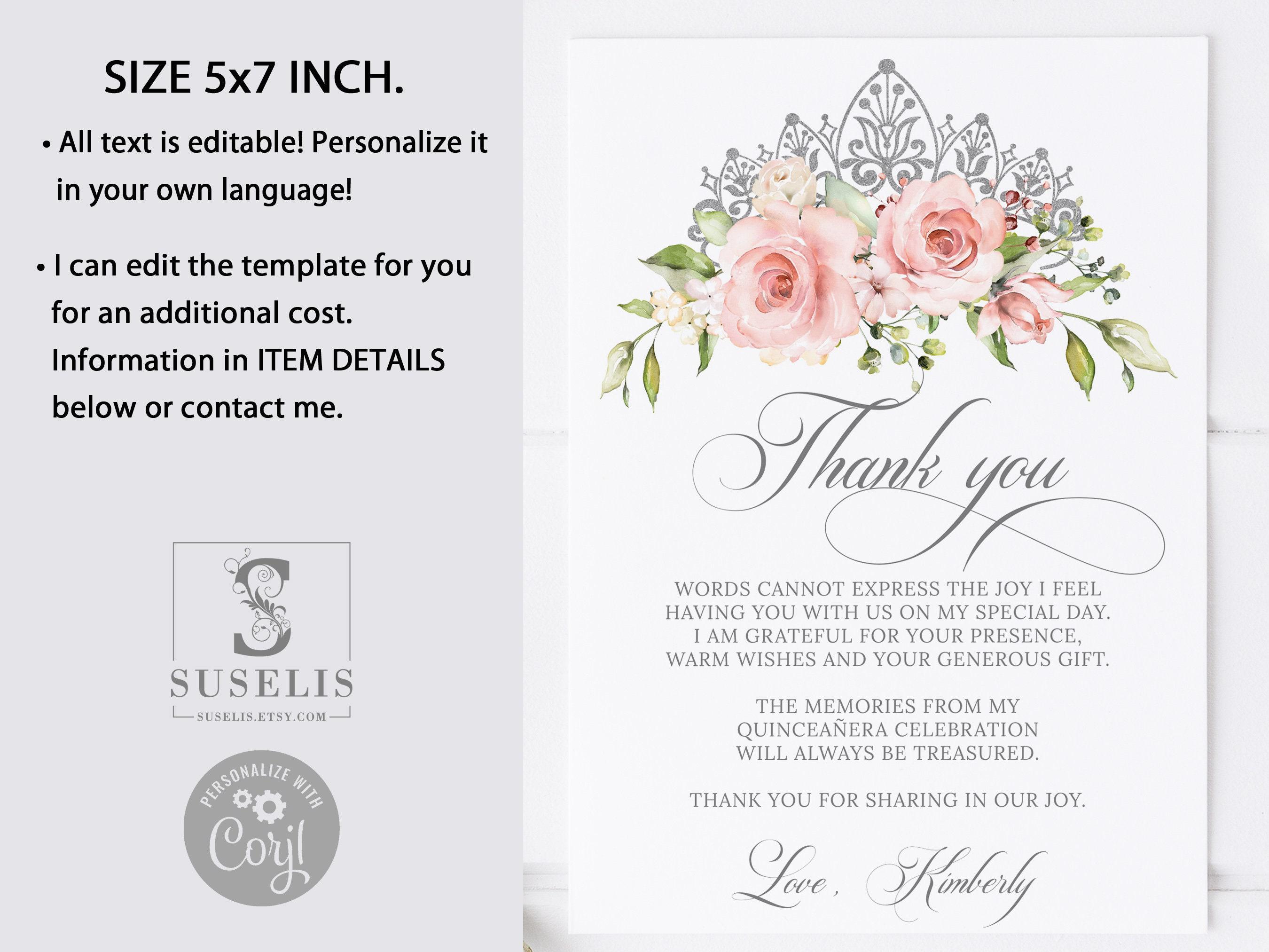 Editable Thank You Card Template, Blush Pink Flowers, Quinceañera ...