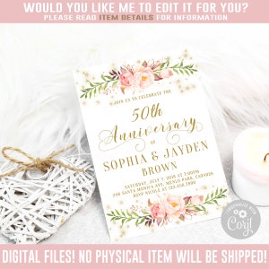 Any Year, Wedding Anniversary Invitation, EDITABLE Corjl Template, Blush Pink Flowers, Instant Download, Printable Card, DIGITAL Files, An11
