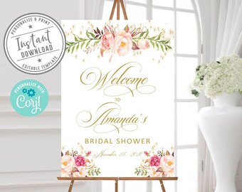 Editable Welcome to Bridal Shower sign, Corjl Template, Signage, Boho, Blush Pink, Flower Theme, Instant Download, Printable, DIGITAL FILES