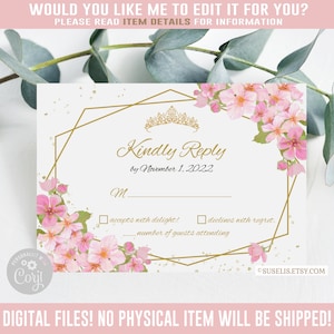 Editable RSVP Card, Corjl Template, Sakura Cherry Blossom, Butterfly, Mis Quince Anos, 15th Birthday, Kindly Reply, Instant Download, QU141