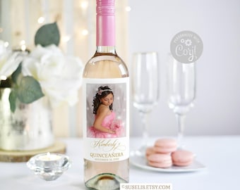 EDITABLE Quinceañera Wine Bottle Labels, Photo, Corjl Template, Mis Quince, Favor labels, Instant Download, Digital, WLQU001