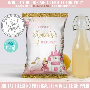EDITABLE Princess Birthday Chip Bag Wrapper, Corjl Template, Blush Flowers Bag, Instant Download, Princess Favors, Digital file, 10-224