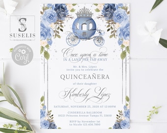 May include: A white Quinceañera invitation card featuring a blue carriage illustration with a silver crown, framed by blue and cream roses. Text includes Once upon a time in a land far far away, Mr. & Mrs. López, Kimberly López, and event details.
