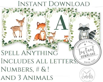 Printable Woodland Animals Banner, Greenery Birthday, Baby shower, Forest Bunting Decoration, Party Decorations, Instant Download, BS176