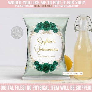 EDITABLE Quinceañera Chip Bag, Emerald Flowers, Butterfly, Mis Quince, 15th Birthday, Party Favors, Corjl Template, Instant Download, QU166