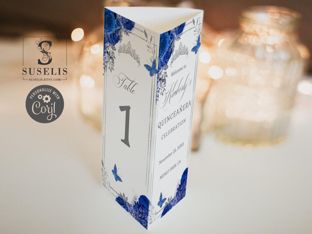 EDITABLE Template Tri-fold Table Stand, Royal Blue Flowers, Trifold ...