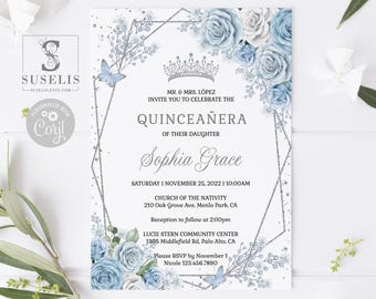 EDITABLE Invitation & Back Template, Quinceanera, Baby Blue Floral, Butterfly, Mis Quince, Sweet Sixteen, Printable, Instant Download, QU181