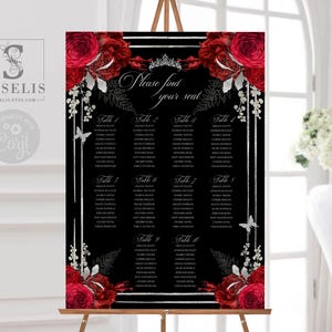 EDITABLE Seating Chart Template, Table Plan, Silver Ruby Red Floral, Sweet 16 Poster, Quince, Sweet Sixteen,Printable Instant Download QU140