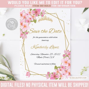 Editable Save the Date Card Template, Sakura Cherry Blossom, Quinceañera, Sweet 16, 15th Birthday, Printable, Instant Download, QU141
