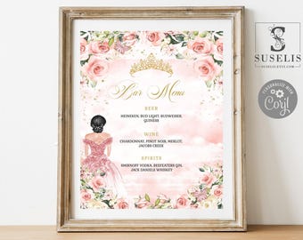 EDITABLE Quinceanera Bar Menu Sign Template, Drinks, Blush Flowers, Sweet 16, Butterfly, 15th Birthday, Printable, Instant Download QU084C