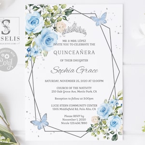 EDITABLE Quinceanera Invitation + Back Template, Lista de Padrinos, Blue Flowers, Mis Quince, Sweet 16, Printable, Instant Download, SU022