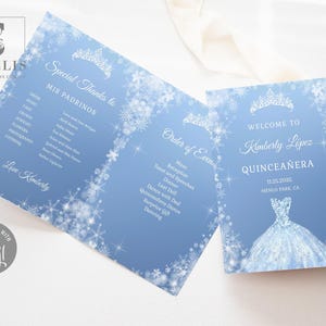 EDITABLE Bi-Fold Quinceanera Program Template, Winter Wonderland, Padrinos, Damas Order of Events, Snow, Printable, Instant Download, QU161