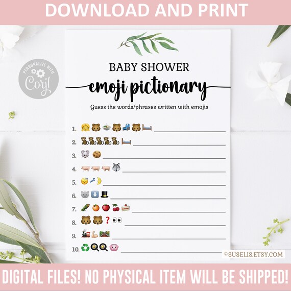 Printable Emoji Pictionary Game Baby Shower Game Greenery | Etsy