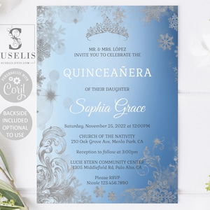 EDITABLE Winter Wonderland Quinceanera Invitation & Back Template, Blue Silver, Mis Quince, Sweet 16, Printable, Instant Download, QU151
