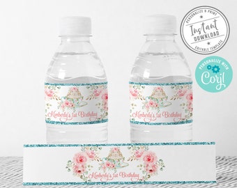 EDITABLE Bunny Tea Party Water Bottle Labels, Corjl Template, Birthday Baby shower, Pink Flowers, Instant Download Printable Digital, 10-232