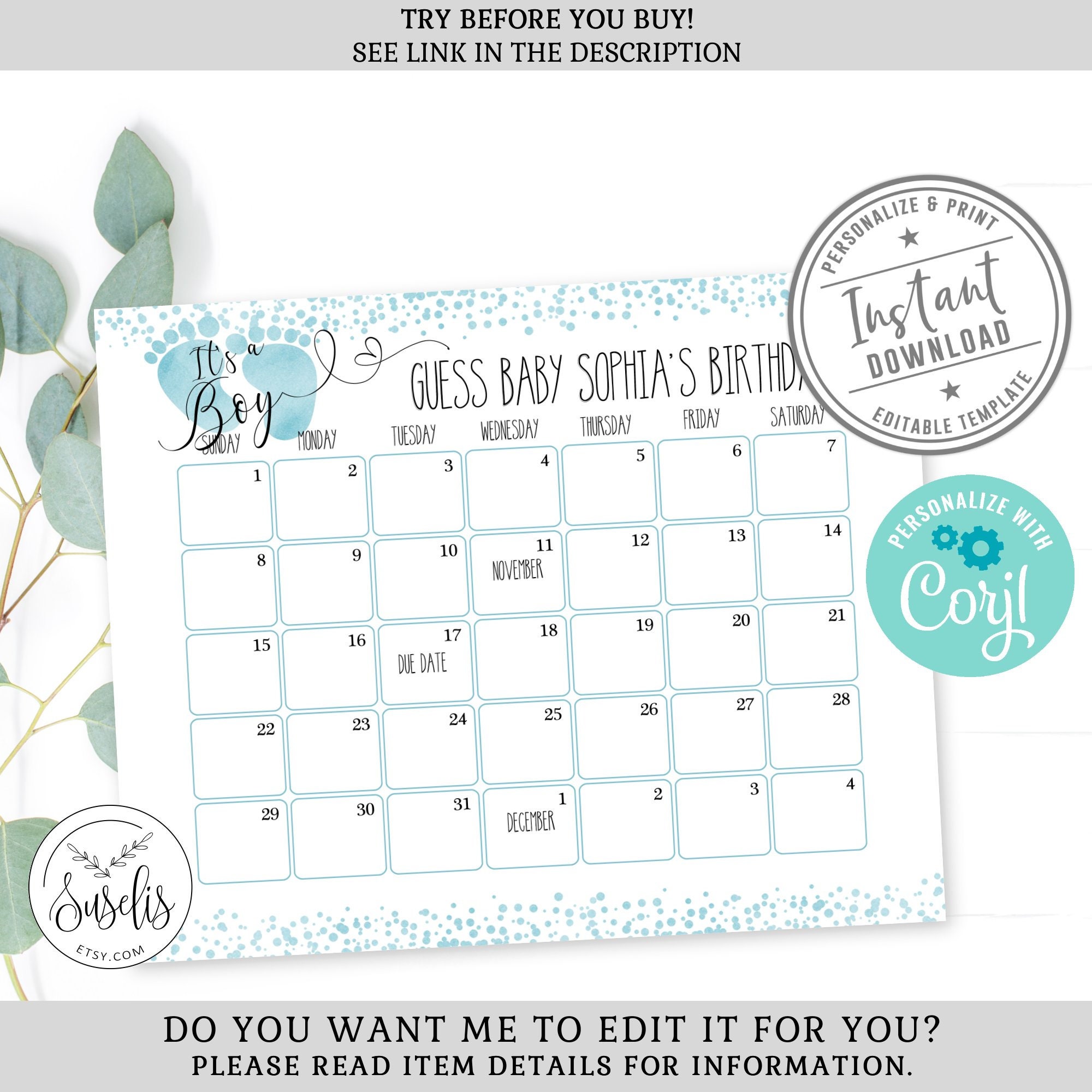 EDITABLE Baby Due Date Calendar Game Sign Printable Baby | Etsy