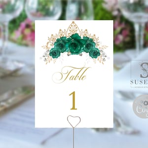 EDITABLE Table Numbers Template, Emerald Green Flowers, Quinceanera, Wedding Party, Table sign, Sweet 16, Printable Instant Download, QU091