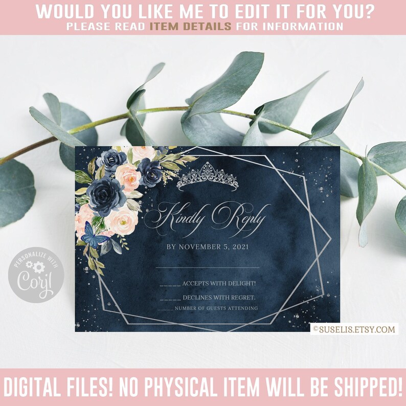 Editable RSVP Card, Kindly Reply, Silver Navy Blue Flowers, Butterfly, Mis Quince, 15th Birthday, Corjl Template, Instant Download, QU064 image 1