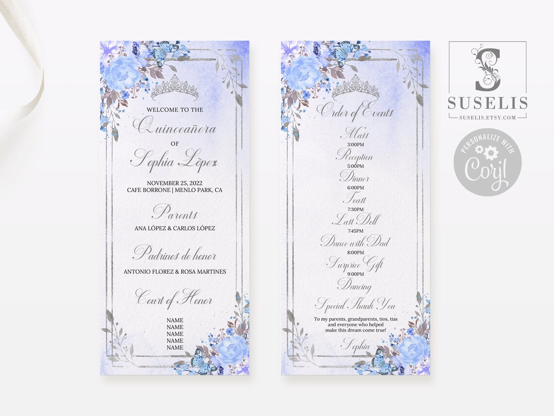 Sweet 16 Program Example EDITABLE Program Template, Blue Flowers, Butterfly, Quinceañera, Sweet ...