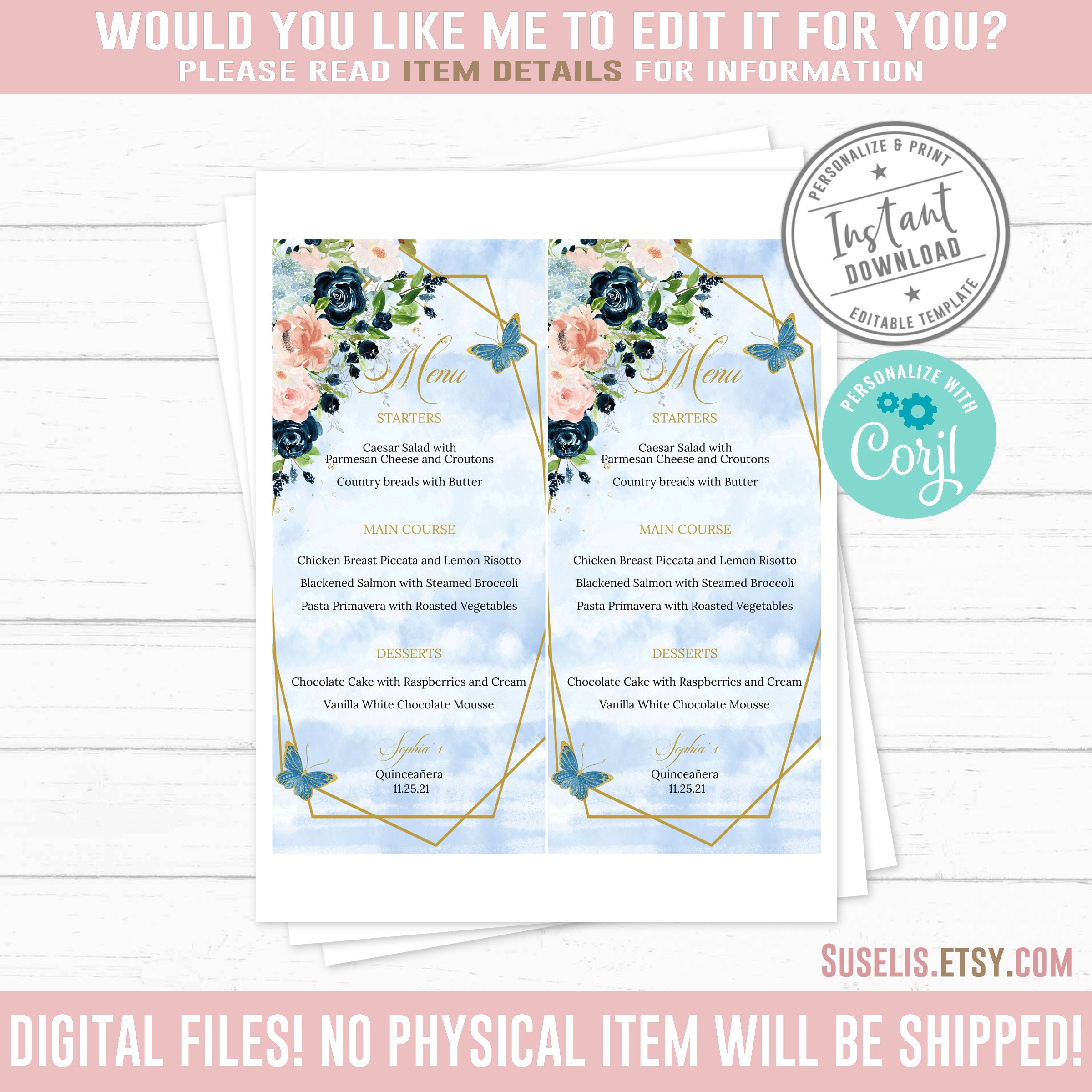 EDITABLE Menu Quinceanera Sweet 16 Corjl Template Blue | Etsy