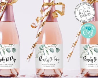 EDITABLE Ready to Pop Mini Wine Or Champagne Bottle Labels, Corjl Template, Instant Download, Baby Shower Eucalyptus Greenery DIGITAL, BS123