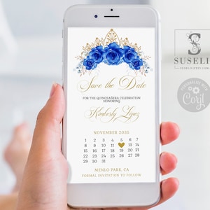 Editable Save the Date Template, Royal Blue Flowers, Text Invite, Quinceañera, Sweet 16, Evite, SMS Email, Printable Instant download, QU091