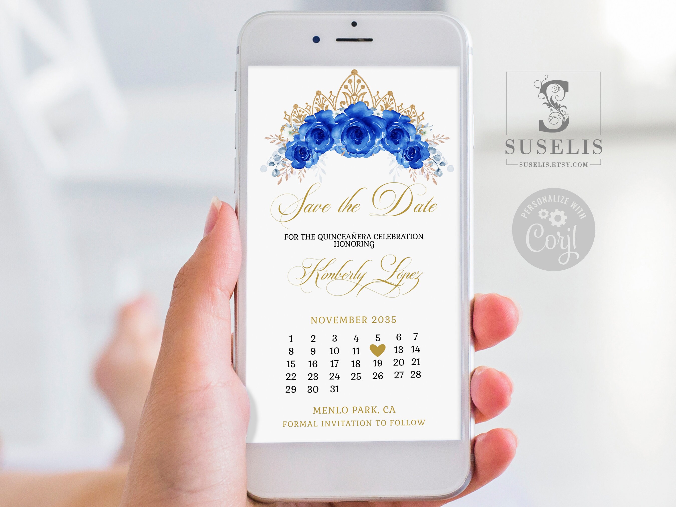 Editable Save the Date Template, Royal Blue Flowers, Text Invite, Quinceañera, Sweet 16, Evite, SMS Email, Printable Instant download, QU091