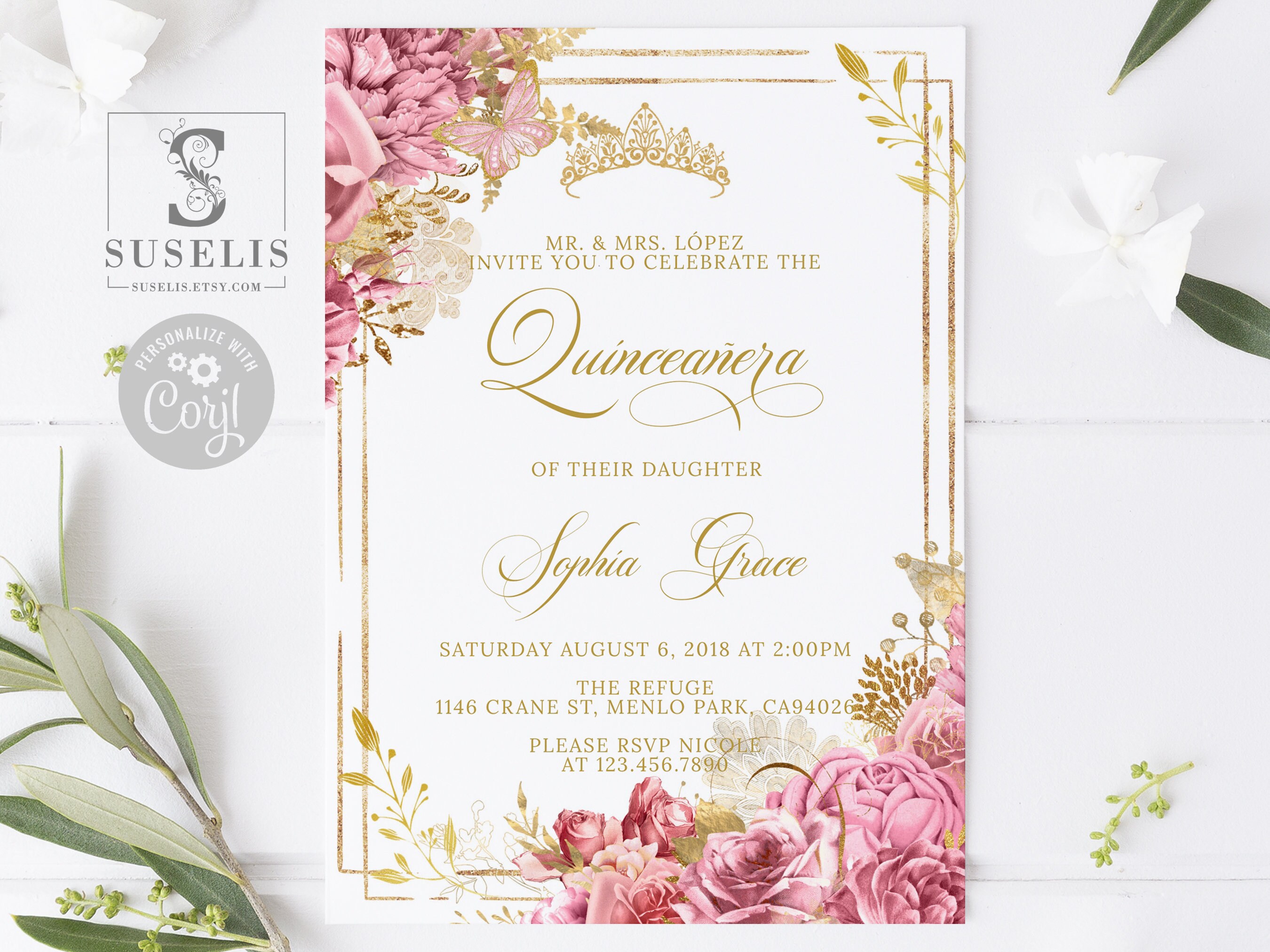 XV Años Invitations, Gold Butterfly Mirror Quinceañera Invitation