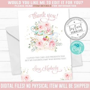 Editable Tea Party Thank you Card, Corjl Template, Watercolor Flowers, Baby Shower, Instant Download, Printable Birthday, DIGITAL, 10-209