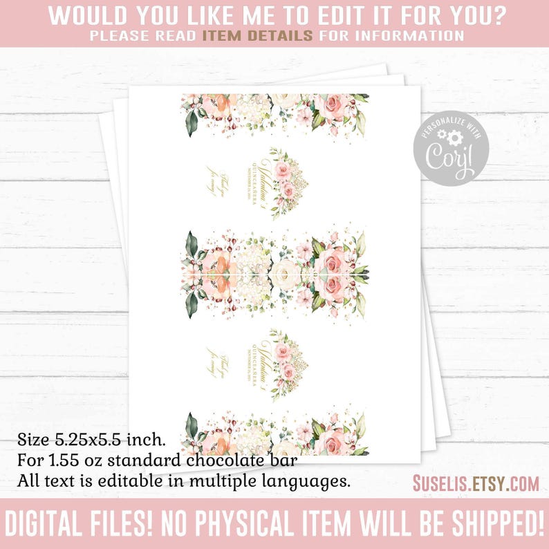 EDITABLE Quinceañera Chocolate Wrapper Template, Candy Bar Wrap, Mis Quince, Sweet Sixteen, Party Favors, Printable Instant Download, QU021 Bild 2