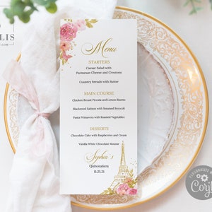 EDITABLE Paris Menu Template, Blush Flowers, Quinceanera, Sweet 16, Reception Menu, Quince, 15th Birthday, Printable Instant Download, QU073