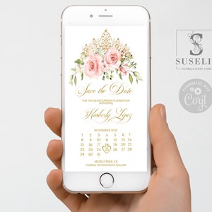 Editable Calendar Save the Date Evite Template, Text Invite, Blush Pink Flowers, Quinceañera, Sweet 16, Wedding, Instant Download, QU021