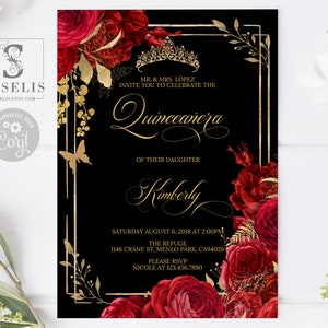 EDITABLE Quinceanera Invitation Template, Black Red Roses Flowers, Butterfly, Mis Quince, Sweet Sixteen, Printable Instant Download QU140