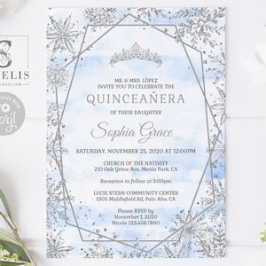 EDITABLE Winter Wonderland Quinceanera Invitation Template, Blue Silver, Sweet 16, Quince, 15th Birthday, Printable, Instant Download, SU030